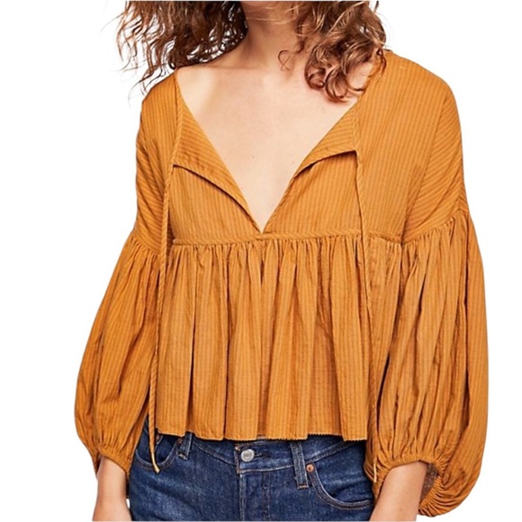 Free People Beaumont Mews Golden Boho Peasant Cotton Crop Top Mustard Size XS - Picture 2 of 13